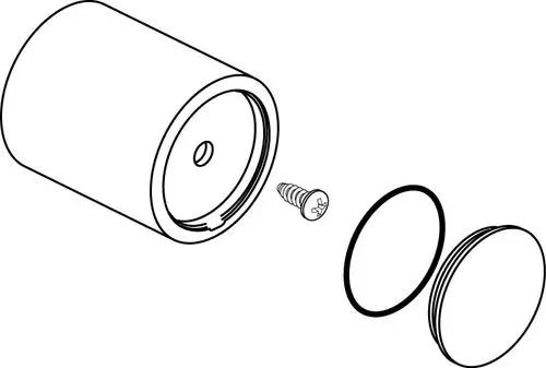 Produktbestandteile von Ideal Standard: zylindrischer Griff, Schraube und zwei Dichtungsringe, grafisch dargestellt ohne erkennbare Maße.